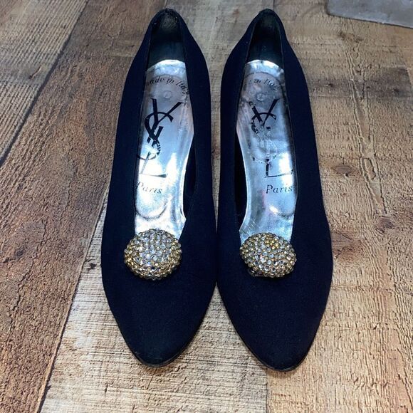 Yves Saint Laurent: elegant black satin pumps with rhinestoned bubble from 1980s - Picture 1 of 10
